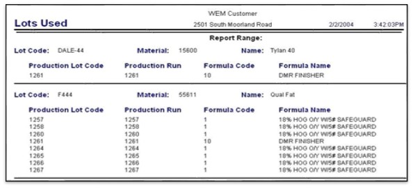 WEM Lots Used Report Screenshot